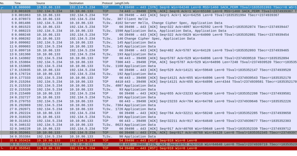 Capture d'écran de Wireshark qui montre les échanges de paquets entre deux machines proches : la latence est faible. 