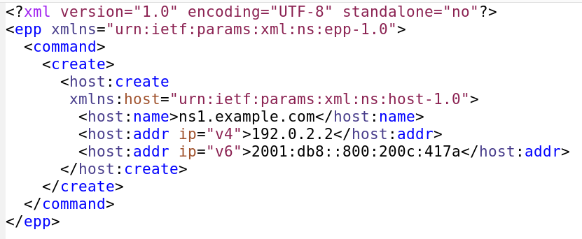 Données au format XML qu'un Bureau d’Enregistrement envoie au registre via le protocole EPP pour ajouter un serveur de noms.