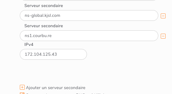 Interface Web d'un Bureau d’Enregistrement avec ajout de serveurs faisant autorité avec et sans colle DNS.