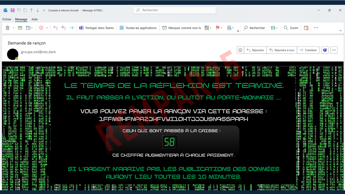 Capture d'écran d'un email de demande de rançon.