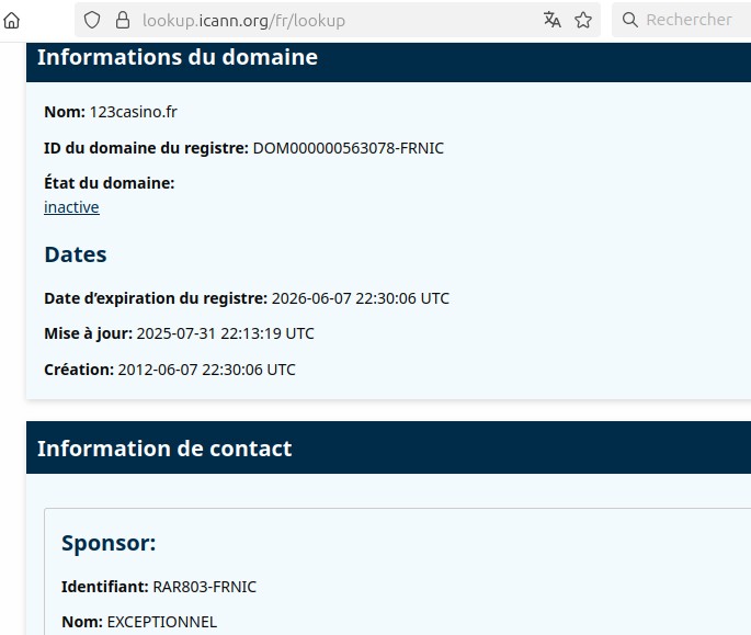 Statut d'un nom de domaine - Inactive